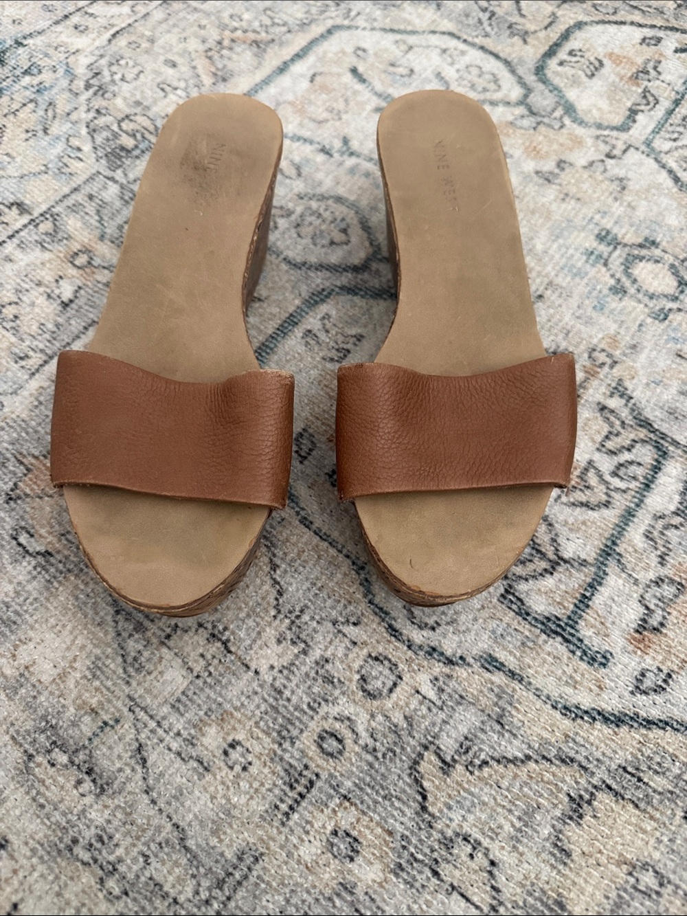 Nine West Brown Leather Wedge Slide Sandals
